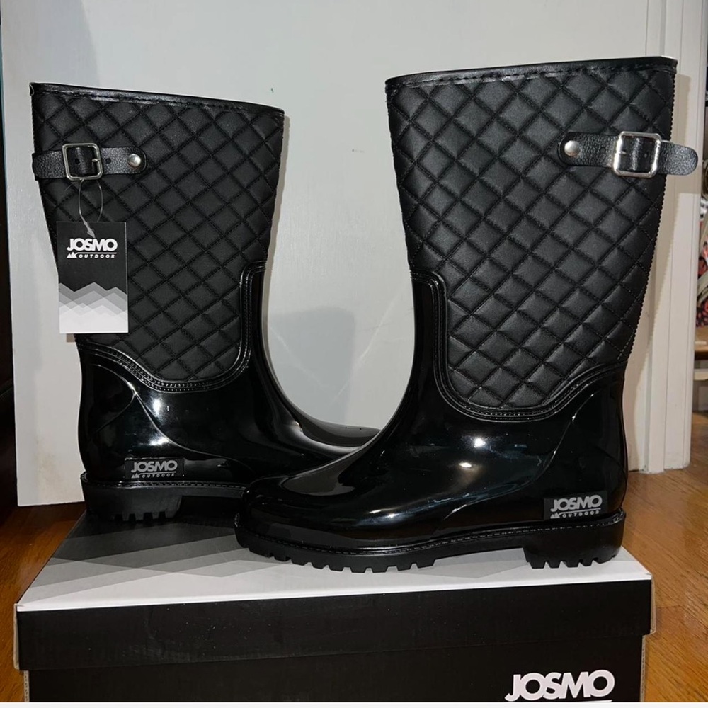 Tall, black quilted women’s rain boots with buckle detailing